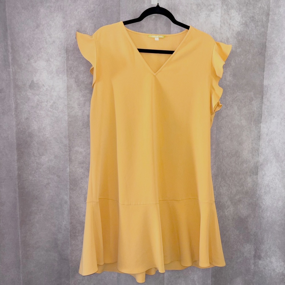 Gianni Bini Ruffle Flutter Sleeve Dress Womens Large Yellow Vibrant Shift